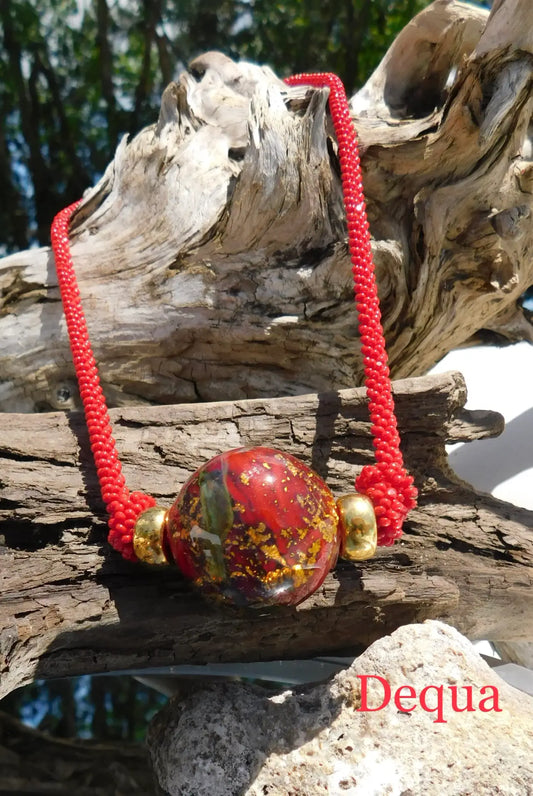 Bold Red Beaded Necklace with Large Decorative Glass image 0