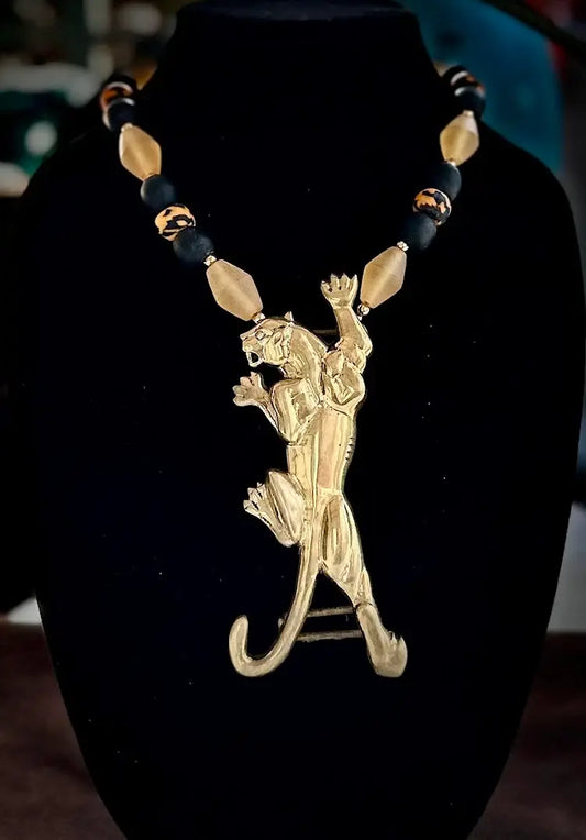 Golden Panther Tribal Statement Necklace with Bold Beaded Design image 0