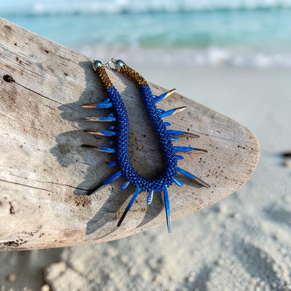 Midnight Feather Beaded Necklace — Bold Cobalt Blue & Earthy Brown Statement Jewelry
