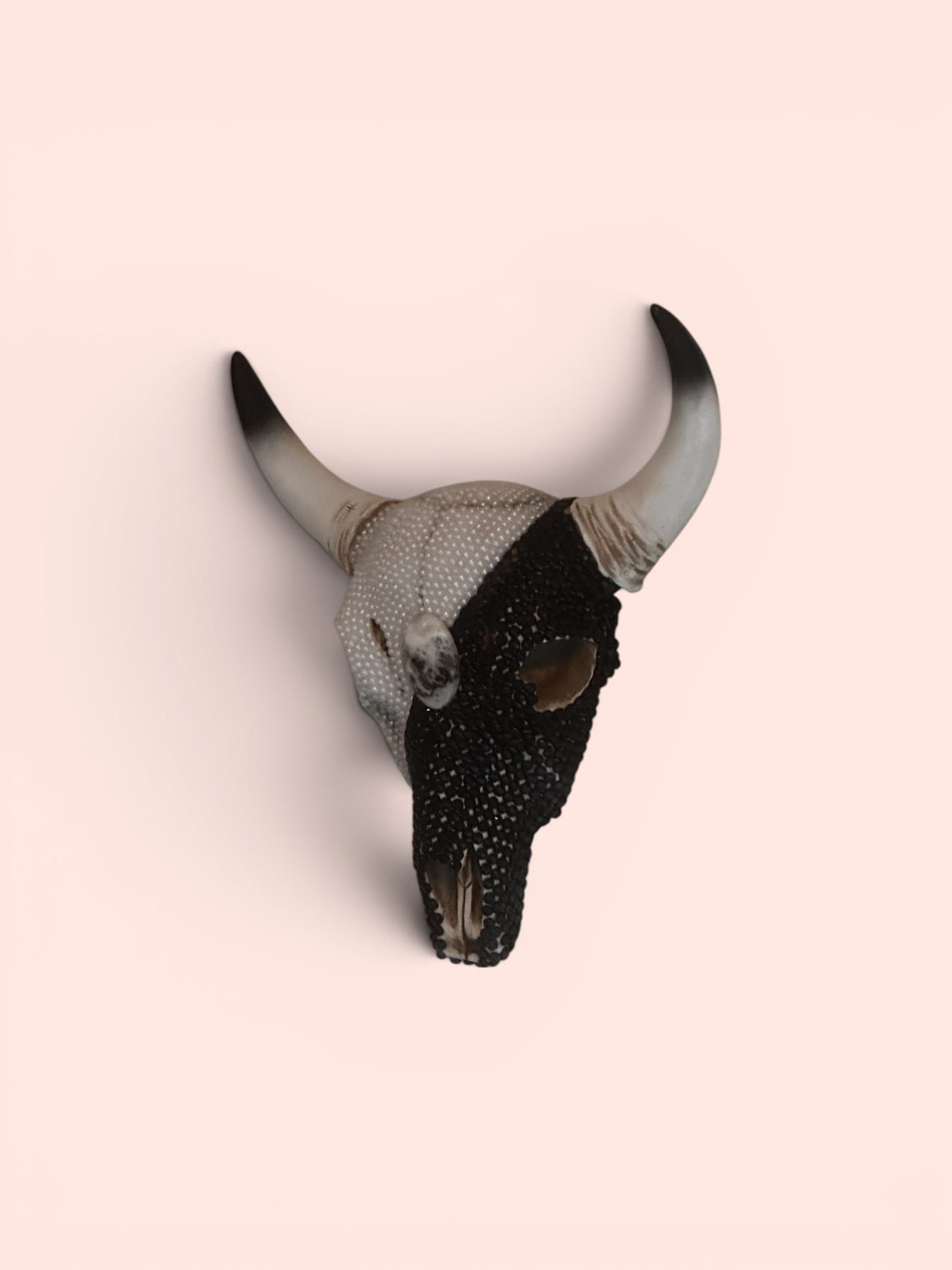 Beaded Cow Skull — Black & Pearl Art Sculpture