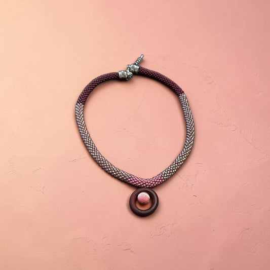 Rosy Horizon Beaded Necklace — Gradient Pink Elegance with Wooden Pendant