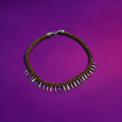 Rustic Elegance Brown Beaded Necklace and Bracelet Set with Gold Spike Accents