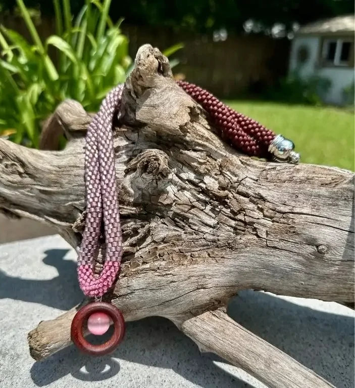 Rosy Horizon Beaded Necklace — Gradient Pink Elegance with Wooden Pendant image 0