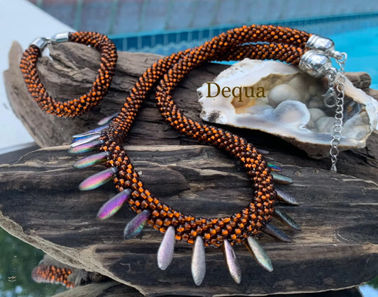Rustic Elegance Brown Beaded Necklace and Bracelet Set with Gold Spike Accents image 0