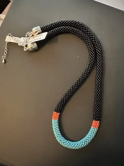Modern Black, Blue, and Coral Hand-Crocheted Beaded Necklace image 0