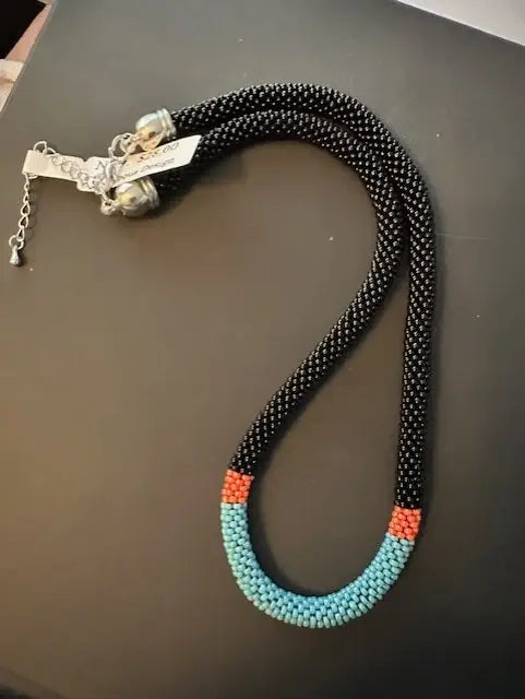 Modern Black, Blue, and Coral Hand-Crocheted Beaded Necklace image 0