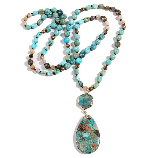 Yomisa Boho Necklaces for Women/Men Trendy,35 Inch Natural Stone Beaded Long Pendant Turquoise Necklaces for Womens,Handmade Bohemian Fashion Chakra Chunky Statement Charm Necklace Jewelry Gift