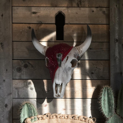 Beaded Cow Skull — Red & Pearl Art Sculpture