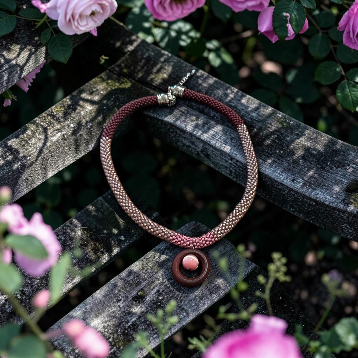 Rosy Horizon Beaded Necklace — Gradient Pink Elegance with Wooden Pendant