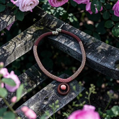 Rosy Horizon Beaded Necklace — Gradient Pink Elegance with Wooden Pendant