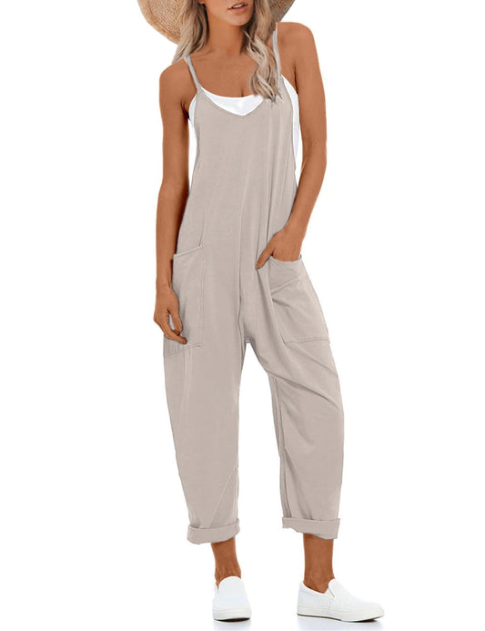 Lentta Women's Causal Jumpsuits V Neck Sleeveless Harem Overalls Stretchy Adjustable Strap Romper with Pockets(LightKhaki-M)