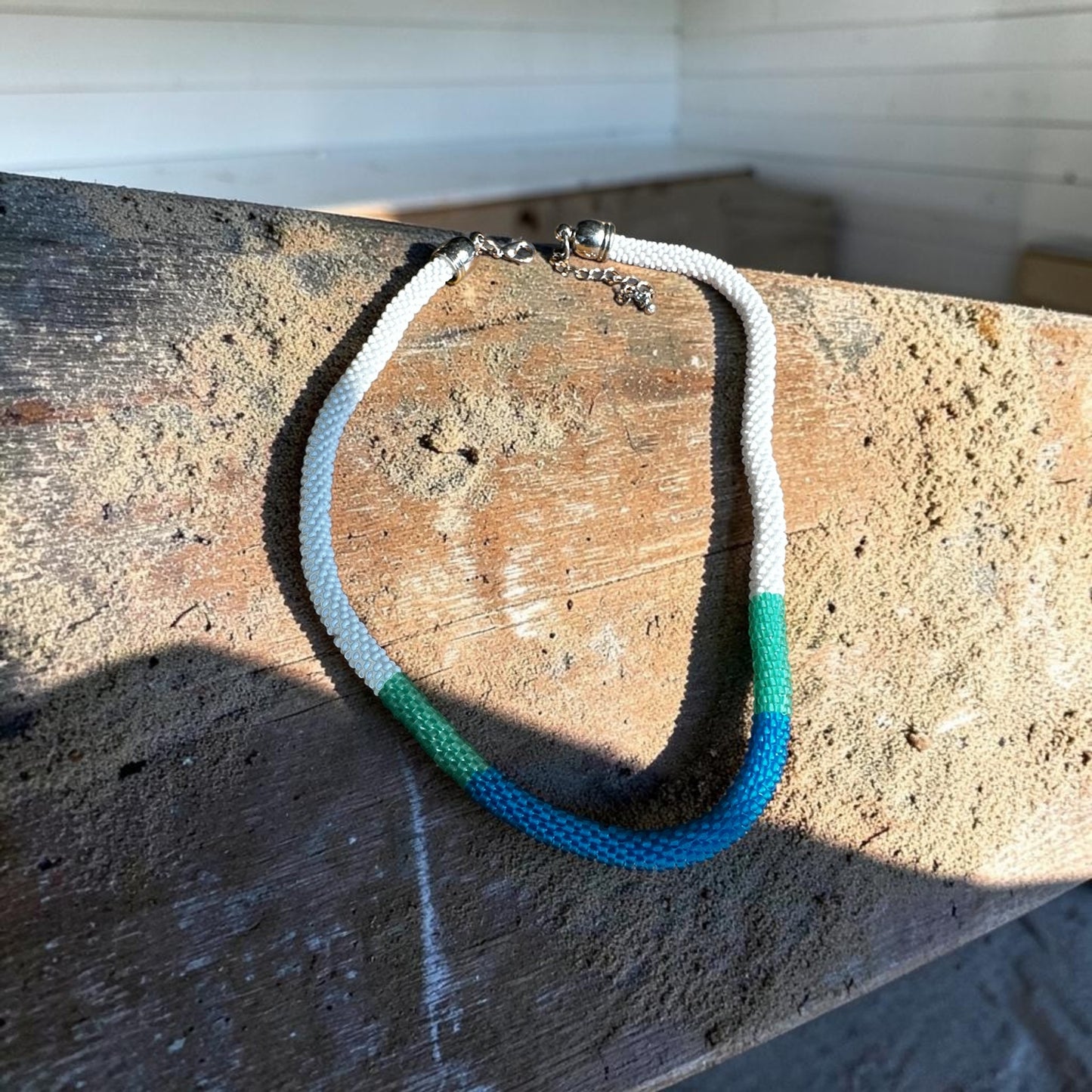 Coastal Breeze Hand-Crocheted Beaded Necklace in Blue, Green, and White