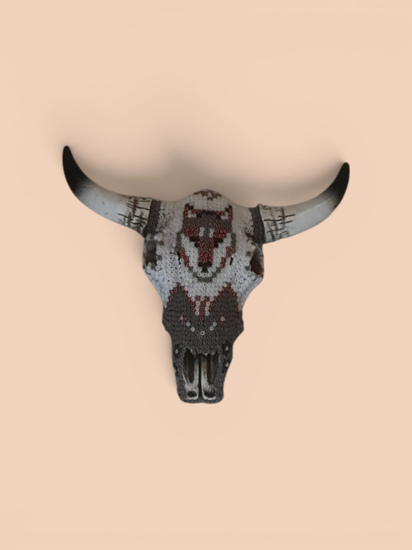 Mini Beaded Wolf Face Cow Skull Art Sculpture