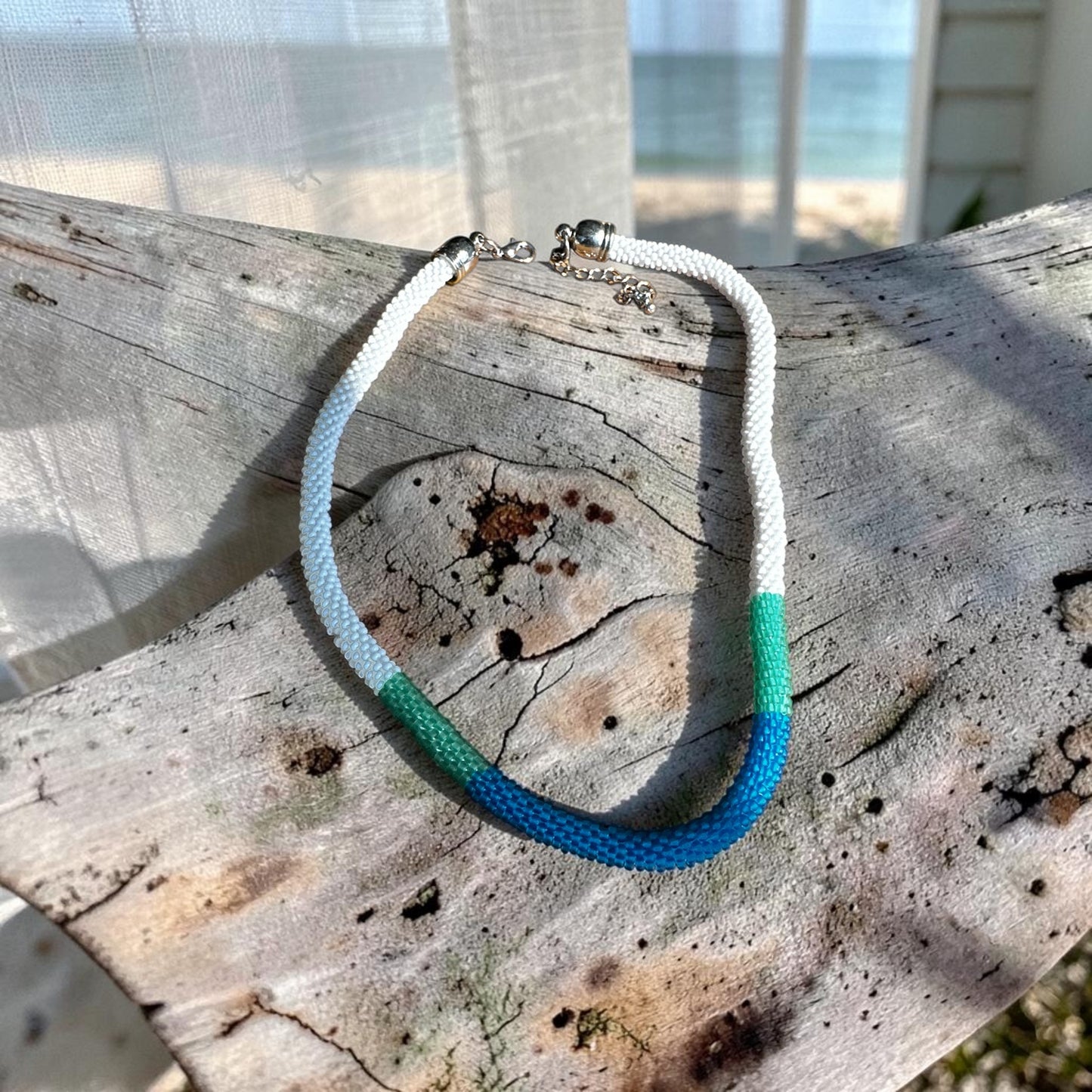 Coastal Breeze Hand-Crocheted Beaded Necklace in Blue, Green, and White