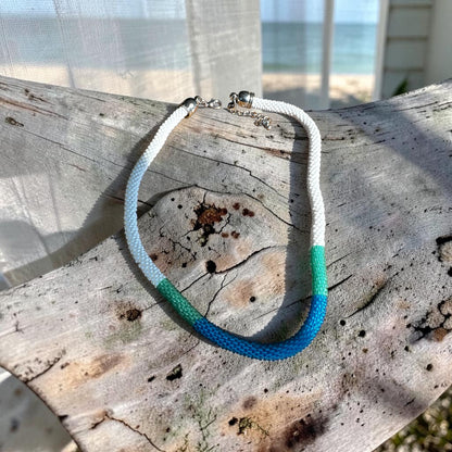 Coastal Breeze Hand-Crocheted Beaded Necklace in Blue, Green, and White