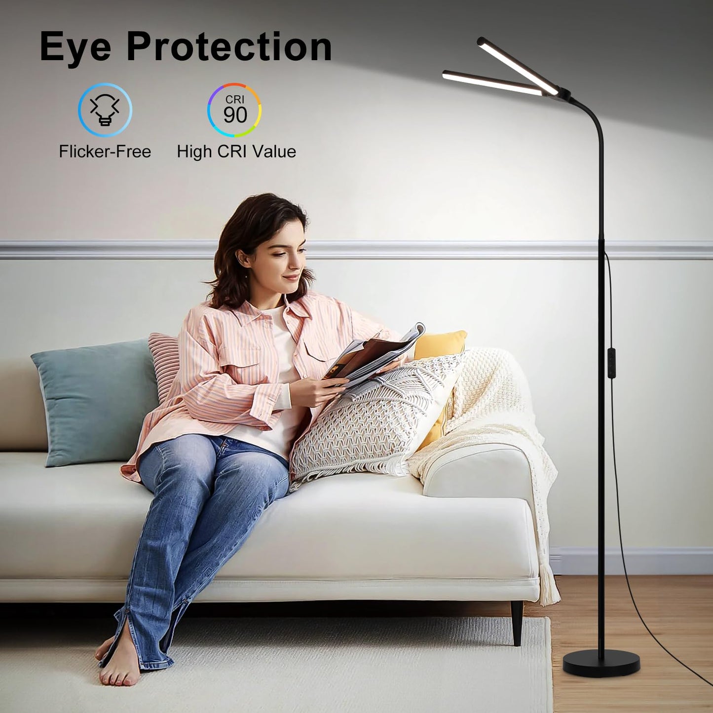 LED Floor Lamp, 18W/2000LM Bright Reading Floor Lamp for Office with Double Head, Adjustable Gooseneck Dimmable Modern Standing Light for Lash Extension Craft, Eye Caring Floor Lamps for Living Room