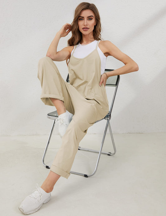 Lentta Women's Causal Jumpsuits V Neck Sleeveless Harem Overalls Stretchy Adjustable Strap Romper with Pockets(LightKhaki-M)