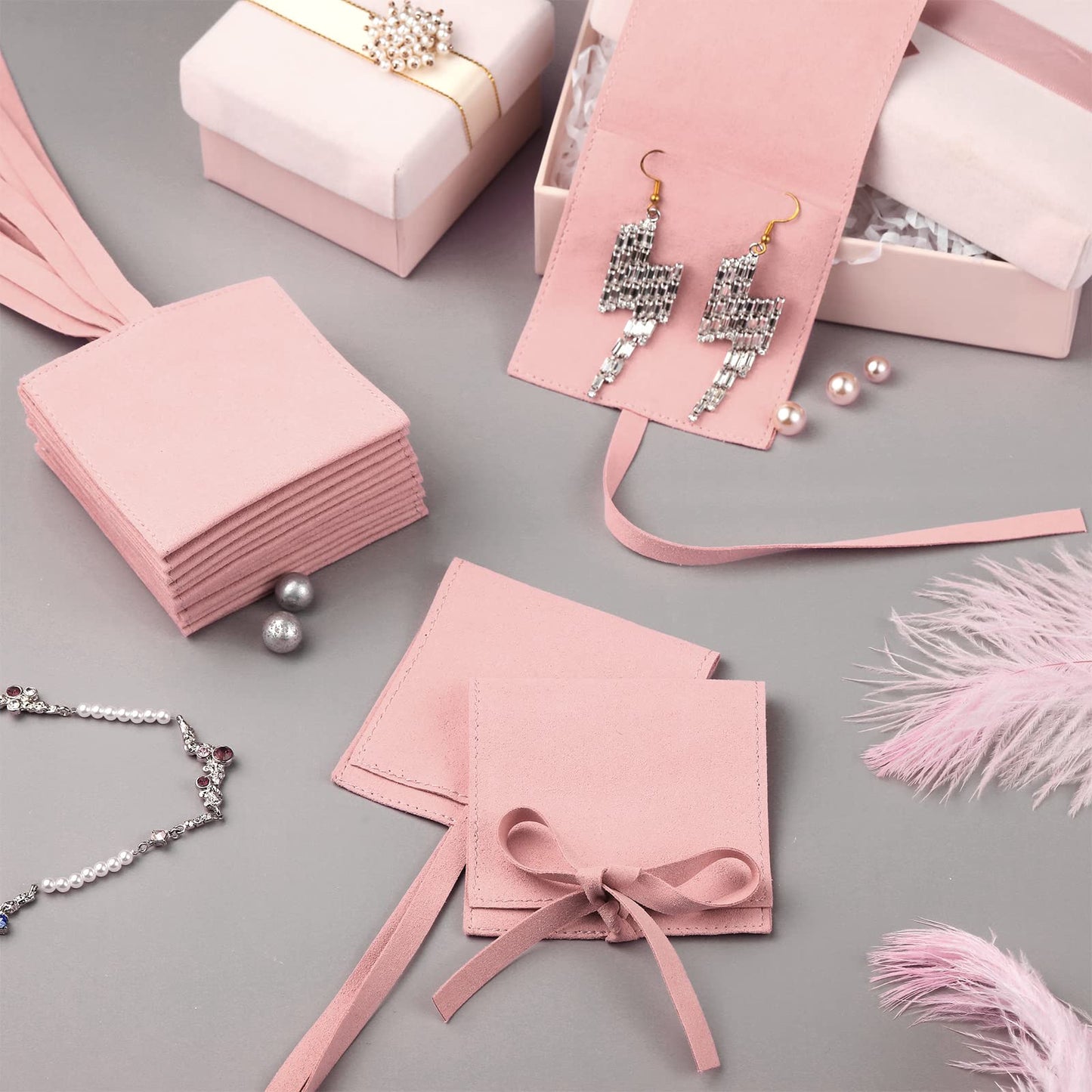 Sotiff 80 Pcs Microfiber Jewelry Pouch 8x8 cm Jewelry Packaging Bag Luxury Small Gift Bag for Small Business Envelope Style Bracelet Packaging Bow Tie Microfiber Pouch with Strings Divider(4 Colors)