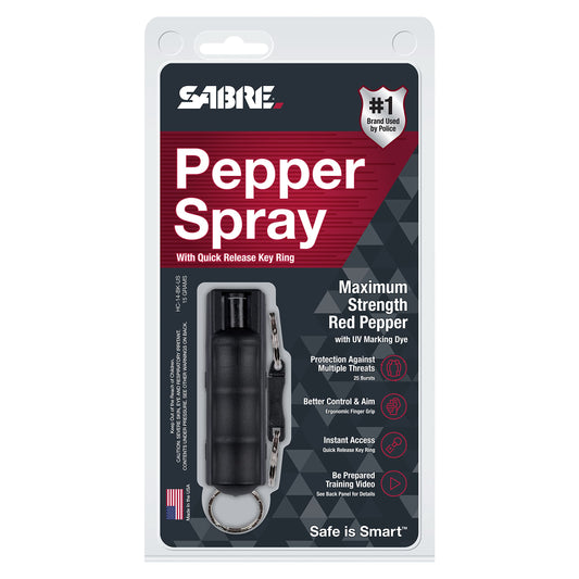 SABRE Pepper Spray, Quick Release Keychain for Easy Carry and Fast Access, Finger Grip for More Accurate and Faster Aim, Maximum Police Strength OC Spray, 0.54 oz, Secure and Easy to Use Safety