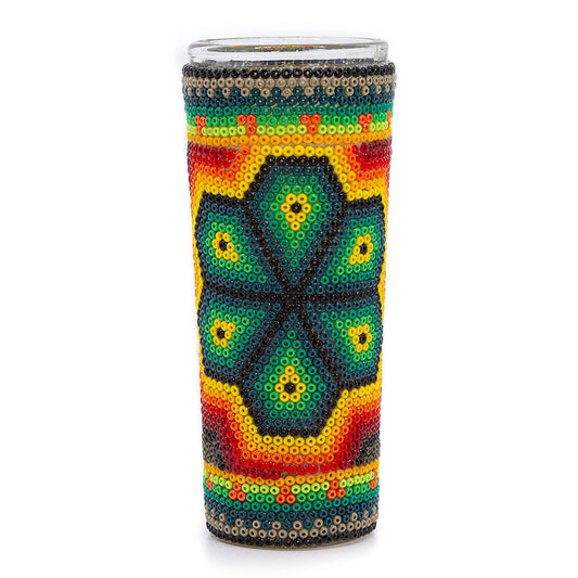 MEXTEQUIL Huichol Beaded Shot Glass – Art Chaquira with Xirarrika Deity Figures – Mexican Folk Art Gift (Peyote)