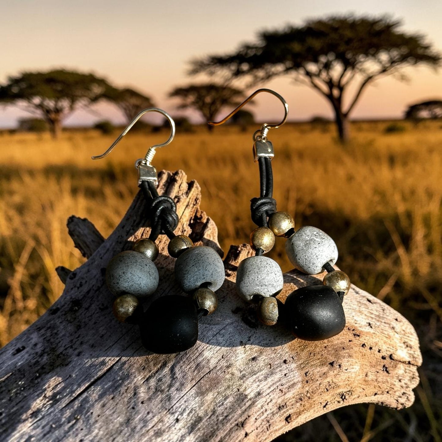 African Stone & Brass Cluster Drop Earrings