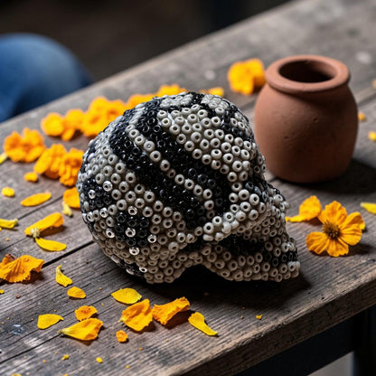 Mini Beaded Gray Sugar Skull Art Sculpture