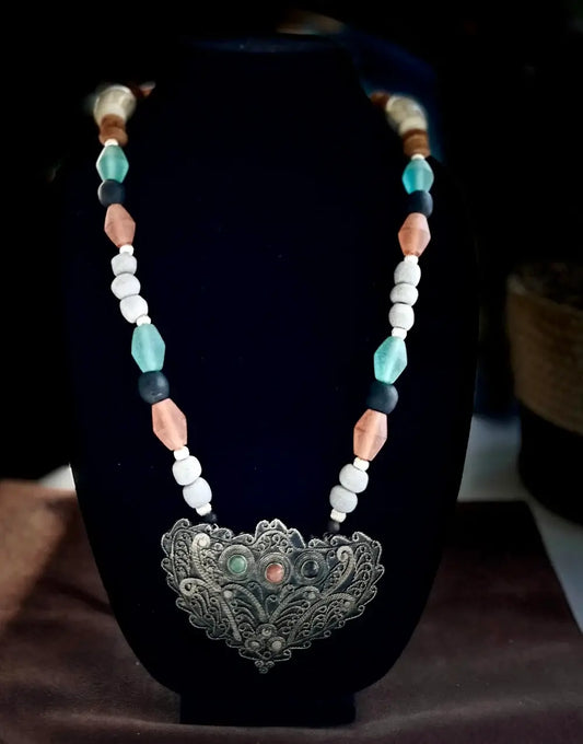 Intricate Filigree Heart Pendant Necklace with Multicolored Beaded Chain image 0