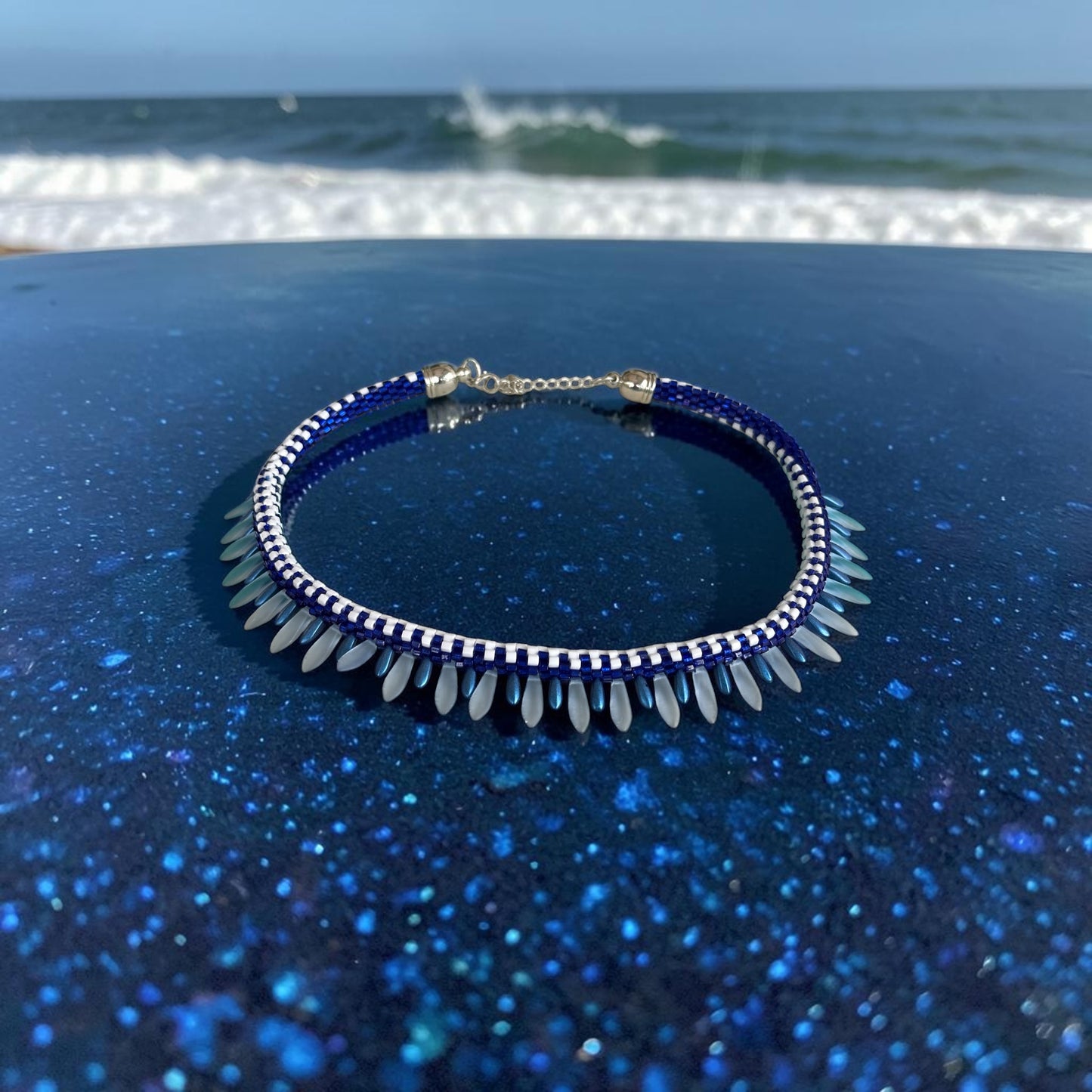 Ocean Breeze Beaded Necklace — Handcrafted Elegance in Blue & White
