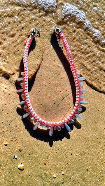 Delicate Pink Beaded Necklace with Iridescent Drop Accents