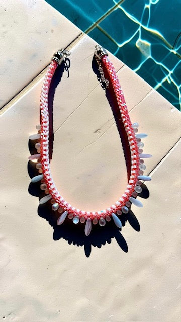 Delicate Pink Beaded Necklace with Iridescent Drop Accents