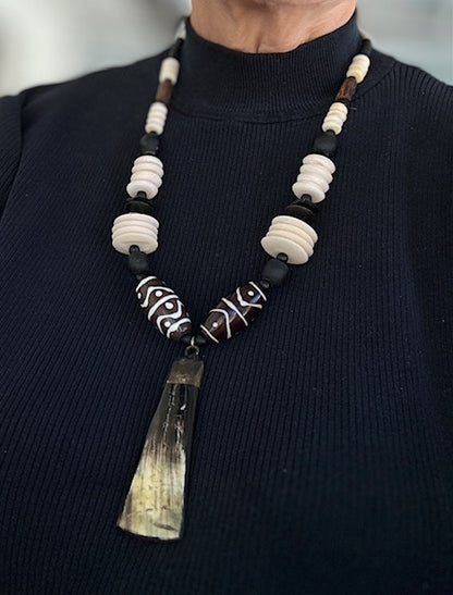 Hand-Beaded African Necklace with Tribal Pattern Beads & Horn Pendant