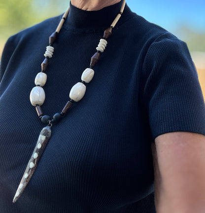 Hand-Beaded African Necklace with Tribal Pattern Beads & Horn Pendant