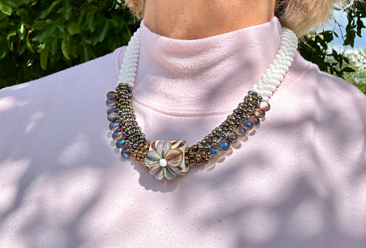 Whispering Bloom Beaded Necklace — Elegant Floral Accent with Pearl White and Bronze Beads