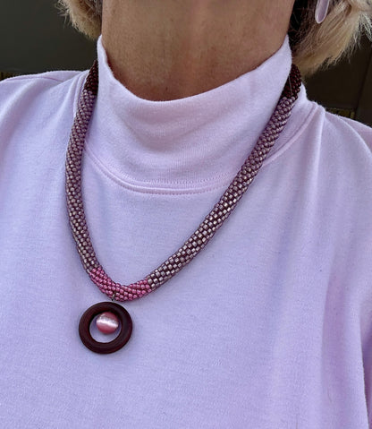 Rosy Horizon Beaded Necklace — Gradient Pink Elegance with Wooden Pendant