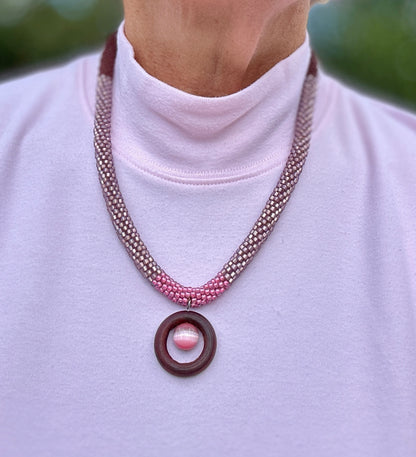 Rosy Horizon Beaded Necklace — Gradient Pink Elegance with Wooden Pendant