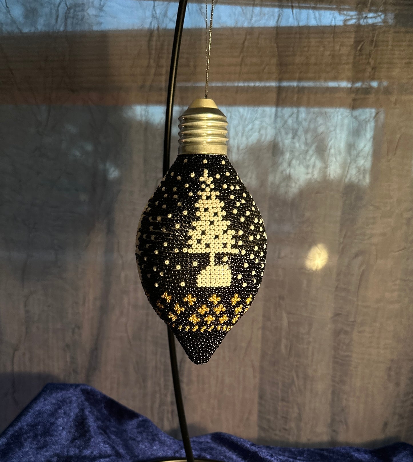Hand Beaded Holiday Ornament - Black & Gold Tree Design