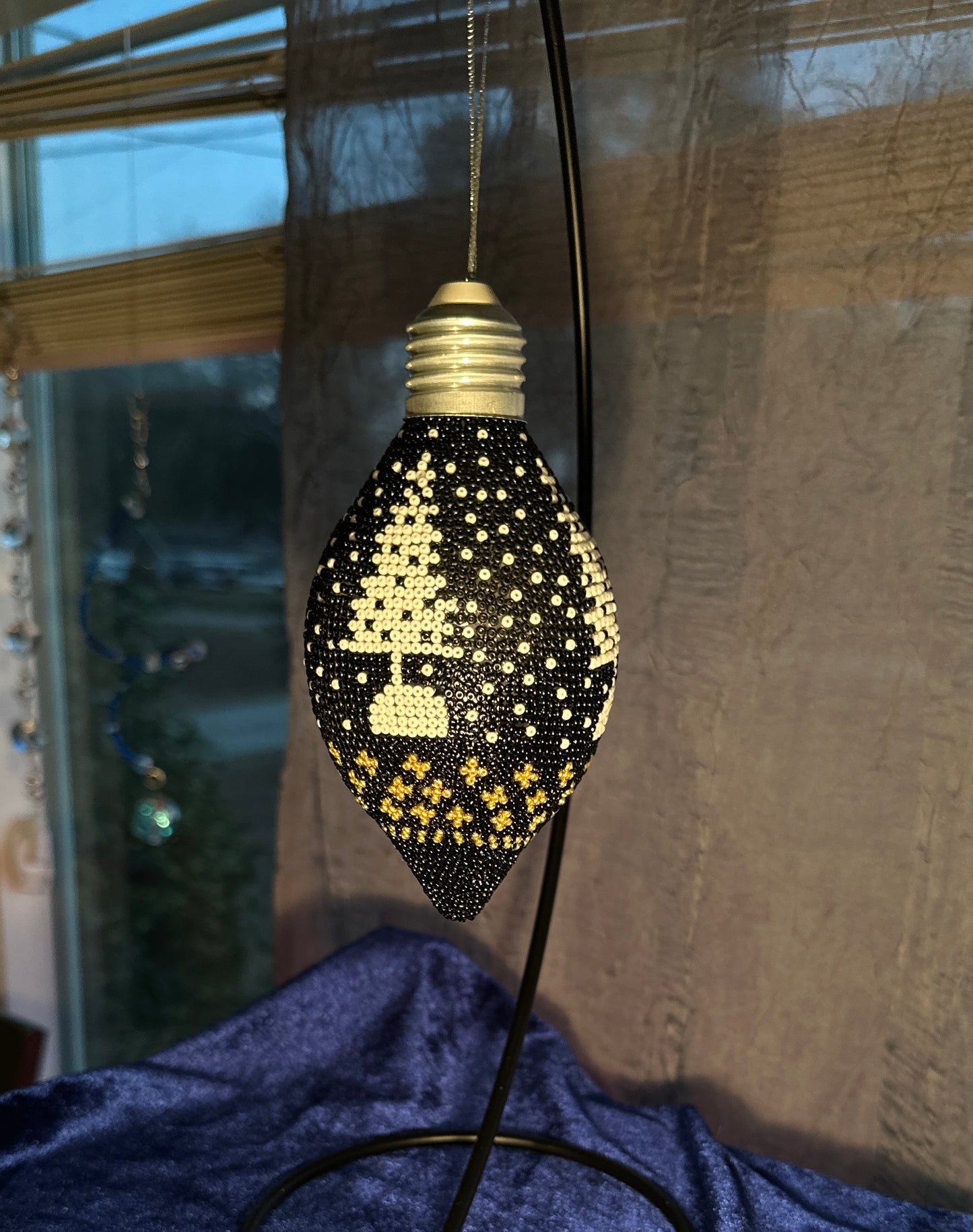 Hand Beaded Holiday Ornament - Black & Gold Tree Design
