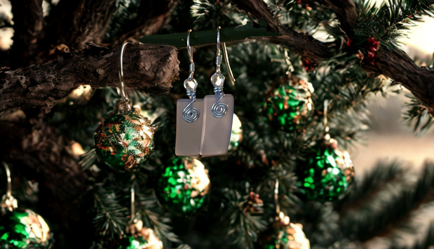 🌿 Frosted Glass Swirl Earrings | Sea Glass Look | Handmade Wire-Wrapped Dangles