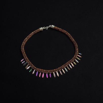 Rustic Elegance Brown Beaded Necklace and Bracelet Set with Gold Spike Accents