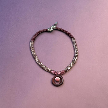 Rosy Horizon Beaded Necklace — Gradient Pink Elegance with Wooden Pendant
