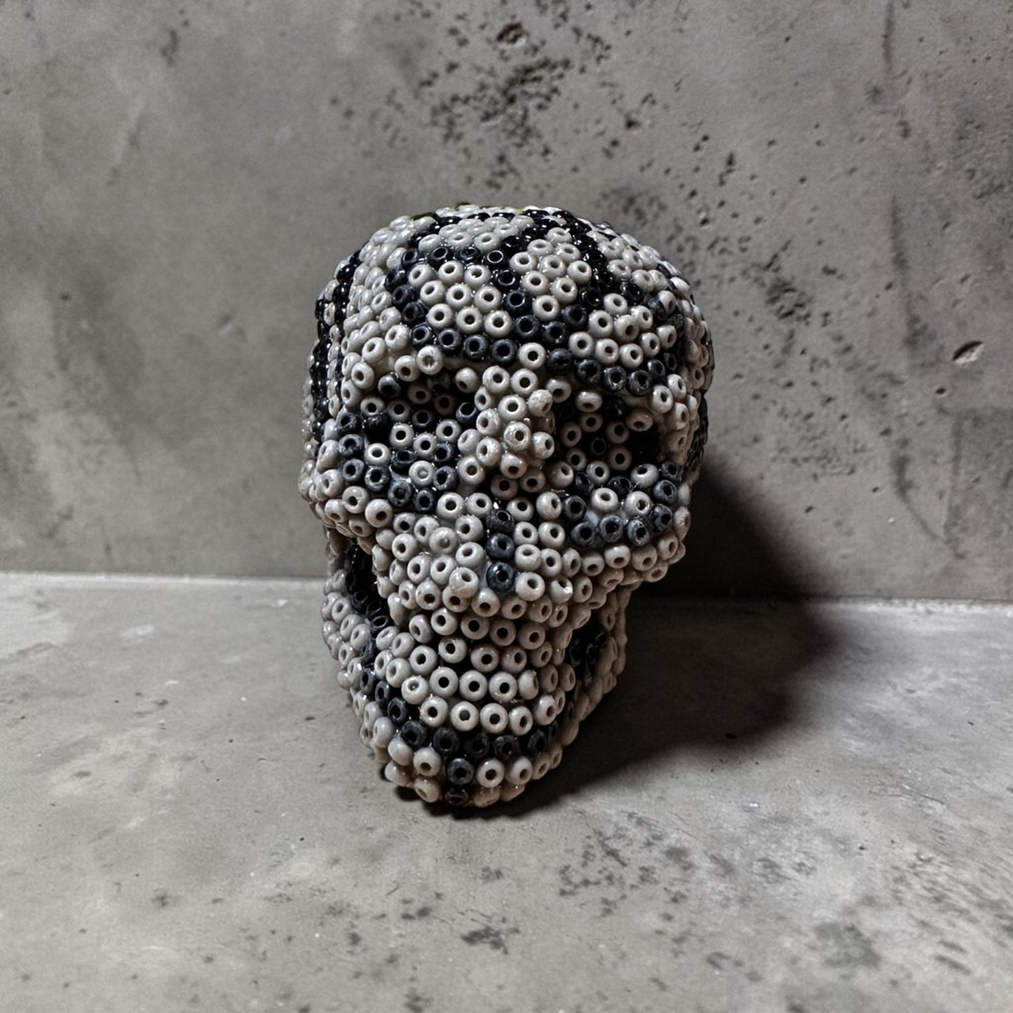 Mini Beaded Gray Sugar Skull Art Sculpture