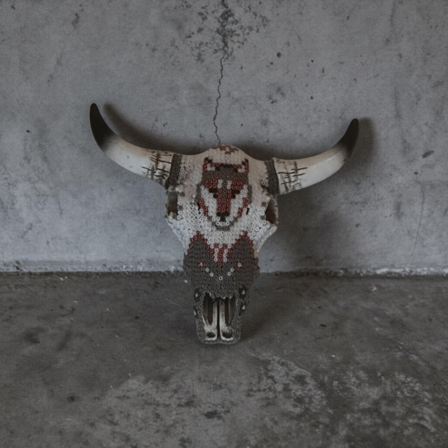Mini Beaded Wolf Face Cow Skull Art Sculpture