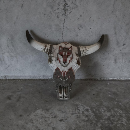 Mini Beaded Wolf Face Cow Skull Art Sculpture