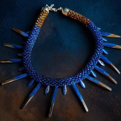 Midnight Feather Beaded Necklace — Bold Cobalt Blue & Earthy Brown Statement Jewelry