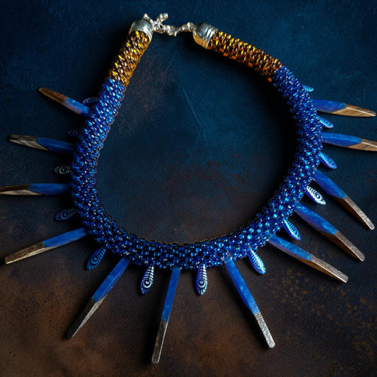 Midnight Feather Beaded Necklace — Bold Cobalt Blue & Earthy Brown Statement Jewelry