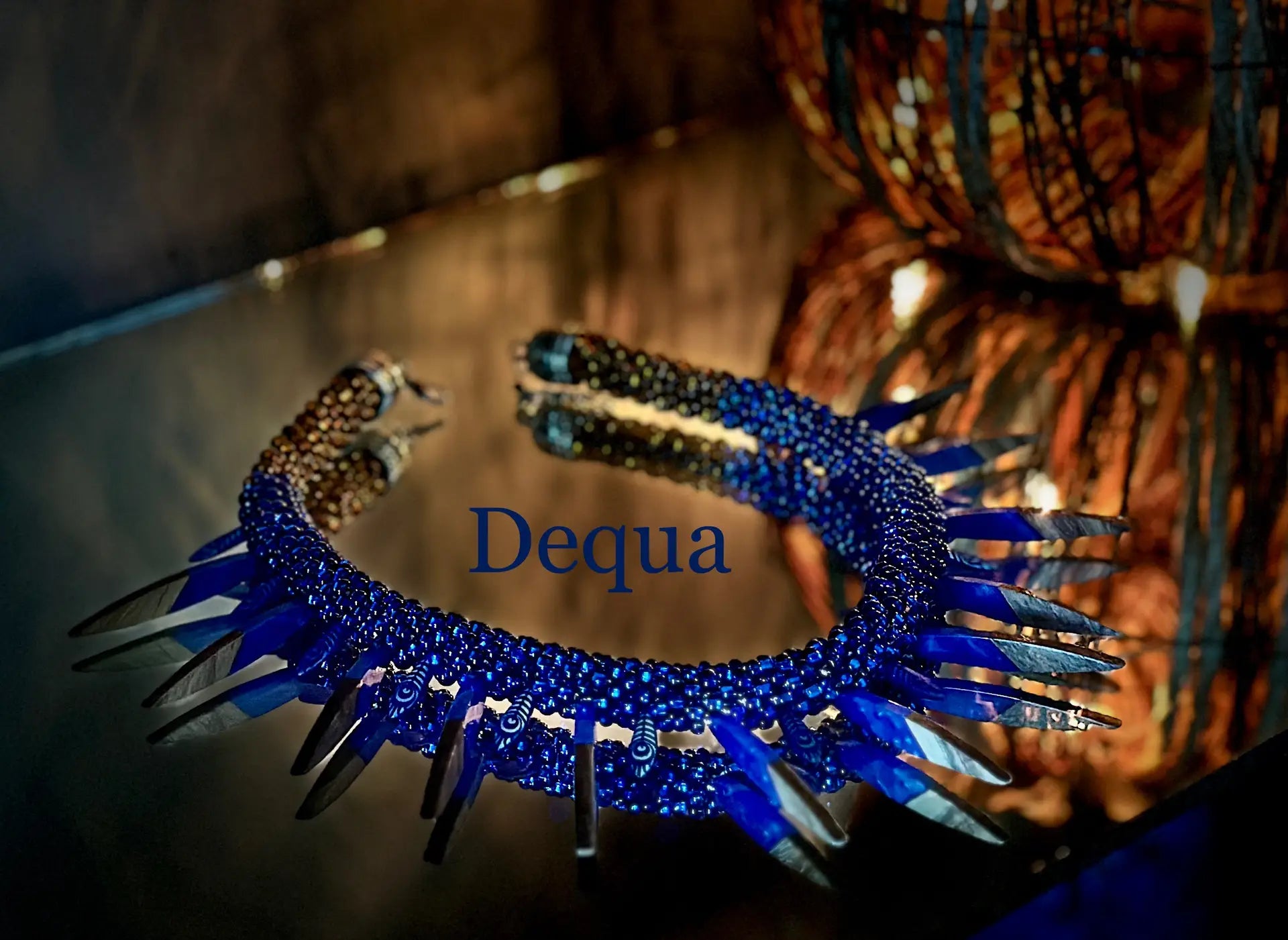 Midnight Feather Beaded Necklace — Bold Cobalt Blue & Earthy Brown Statement Jewelry image 0