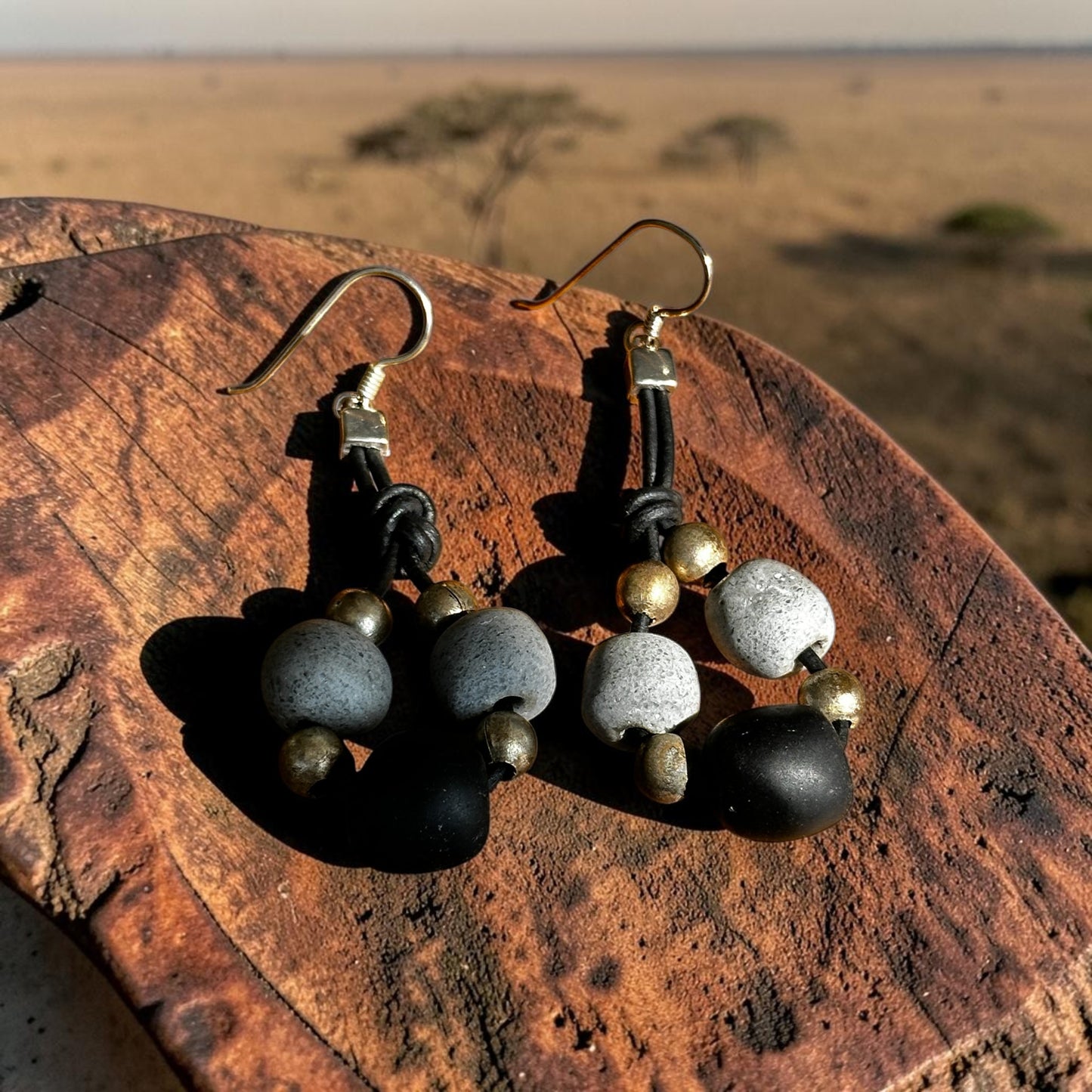 African Stone & Brass Cluster Drop Earrings