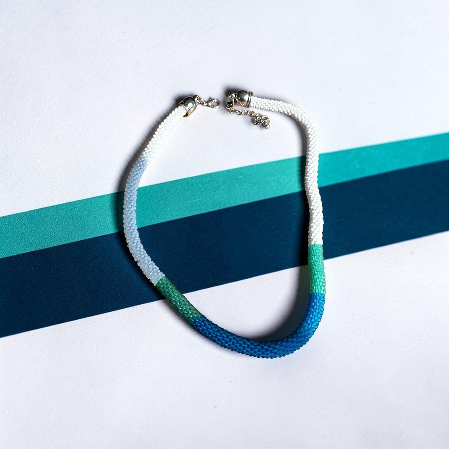 Coastal Breeze Hand-Crocheted Beaded Necklace in Blue, Green, and White