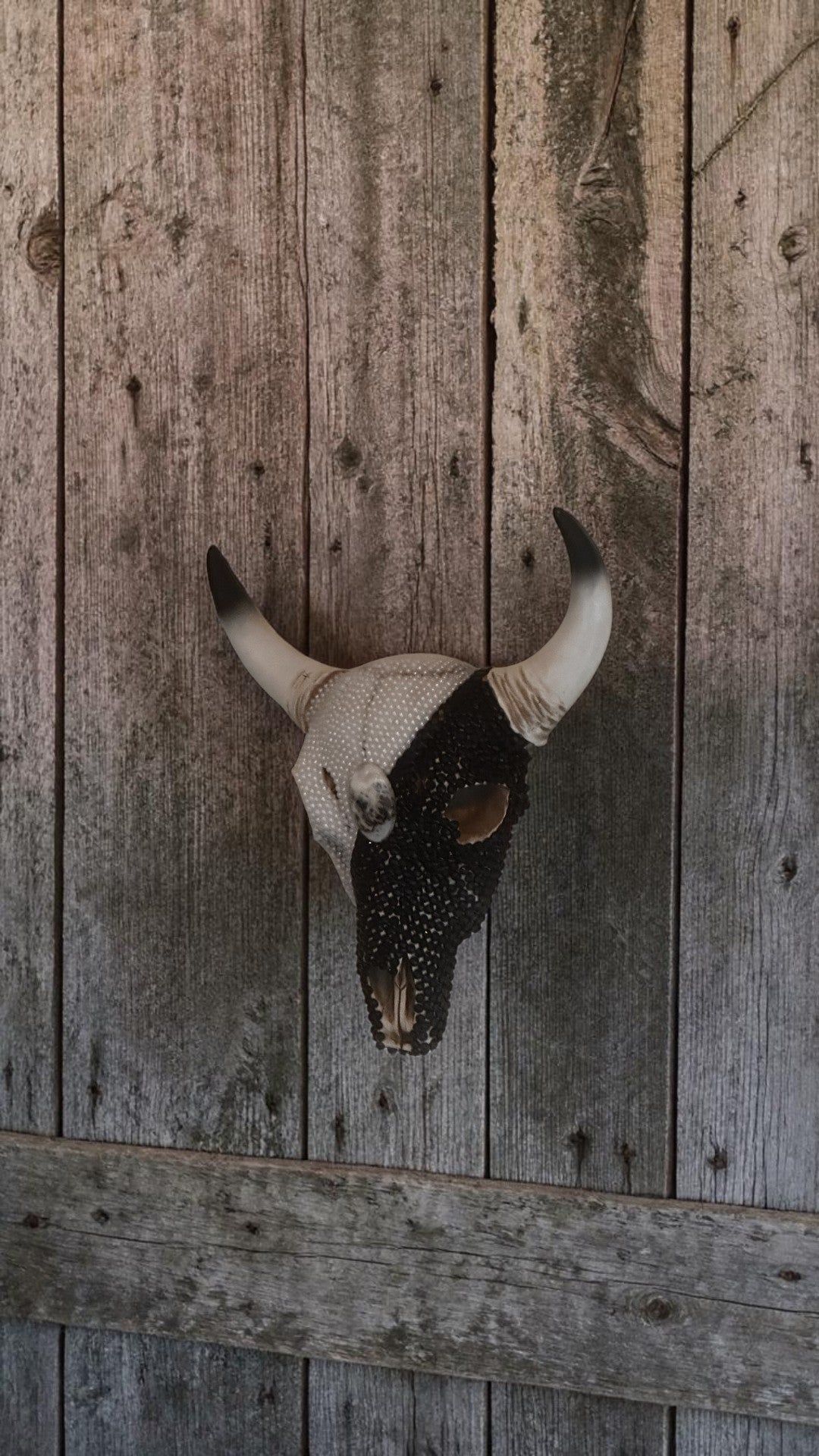Beaded Cow Skull — Black & Pearl Art Sculpture