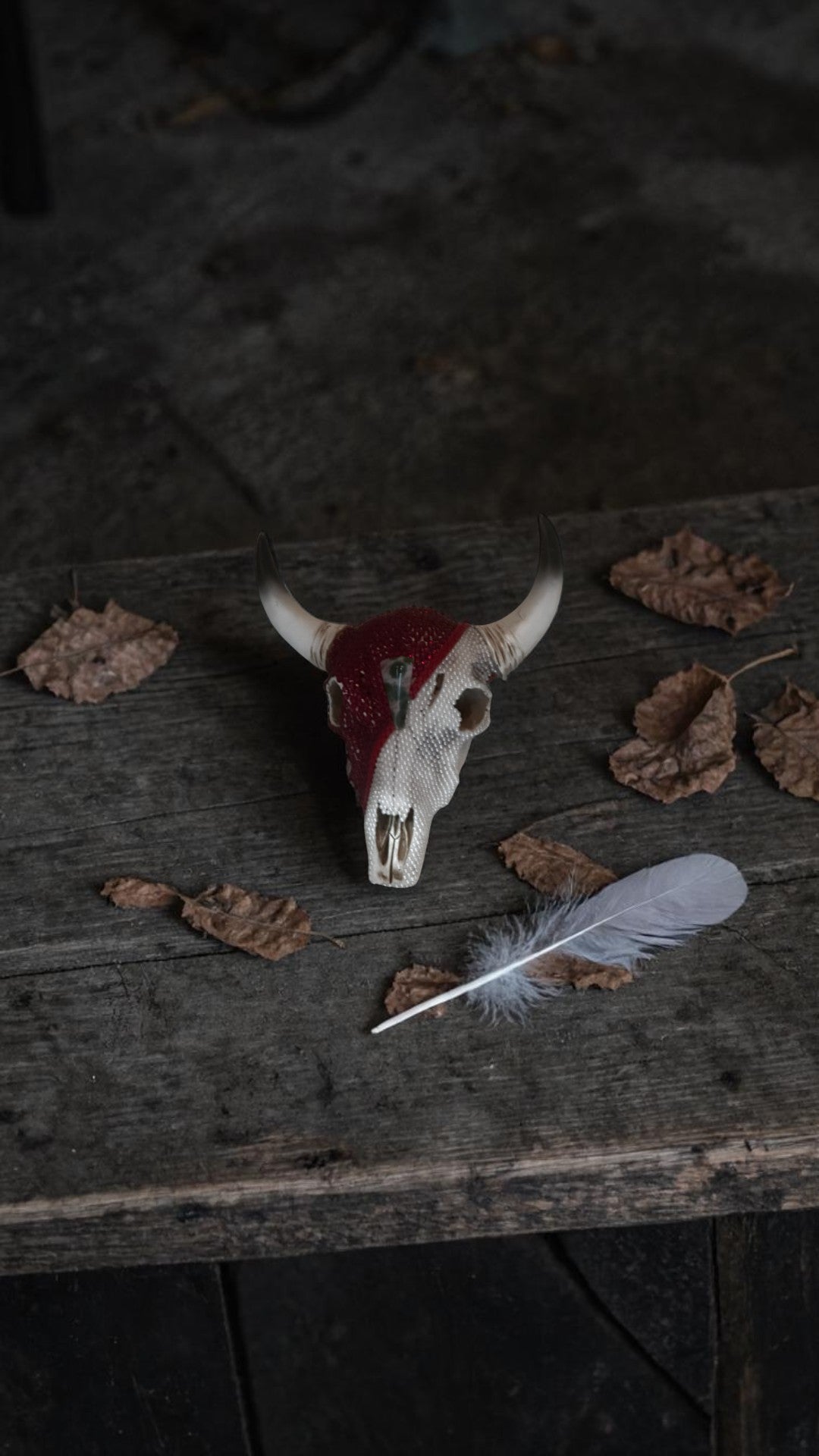 Beaded Cow Skull — Red & Pearl Art Sculpture